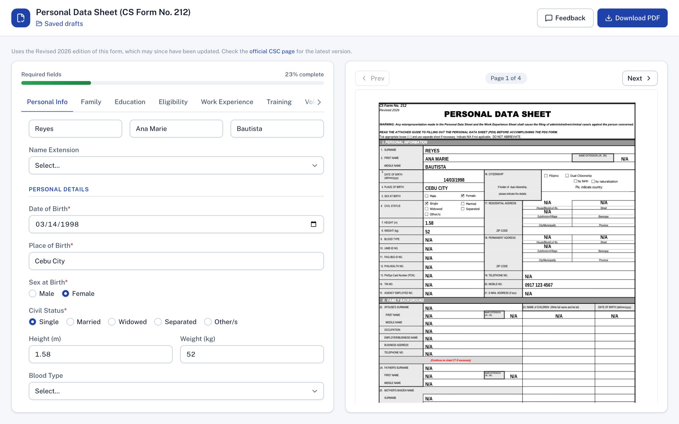 The PDS in GovForms: questions on the left with answers for a fictional Ana Marie Bautista Reyes, and page 1 of the official form on the right with the same answers printed in its boxes.