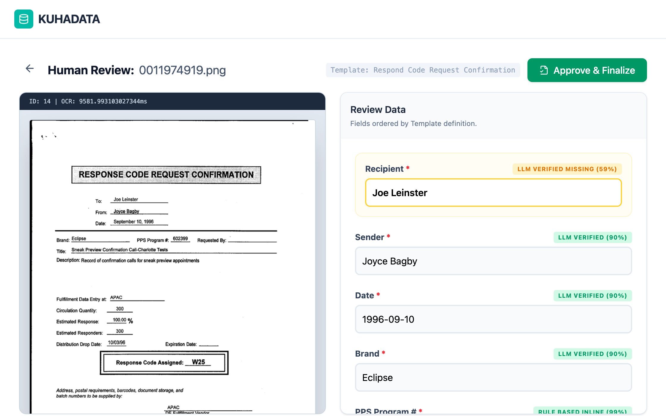 Reviewing a response code request confirmation: the Recipient field is highlighted in yellow as low confidence, while Sender, Date and Brand are marked verified.