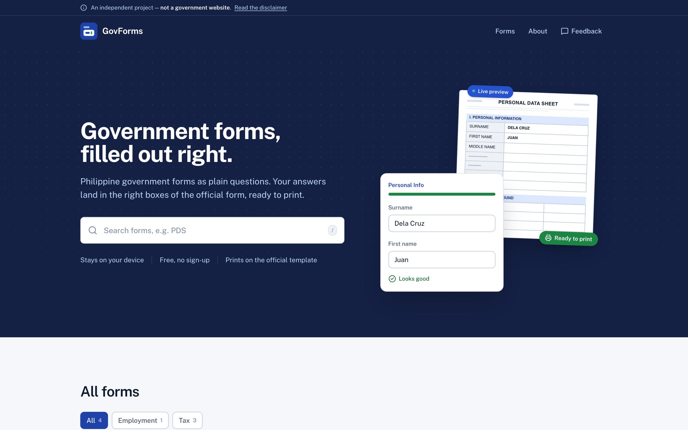 The GovForms homepage: "Government forms, filled out right." above a form search box, beside a live preview of the Personal Data Sheet being filled in.