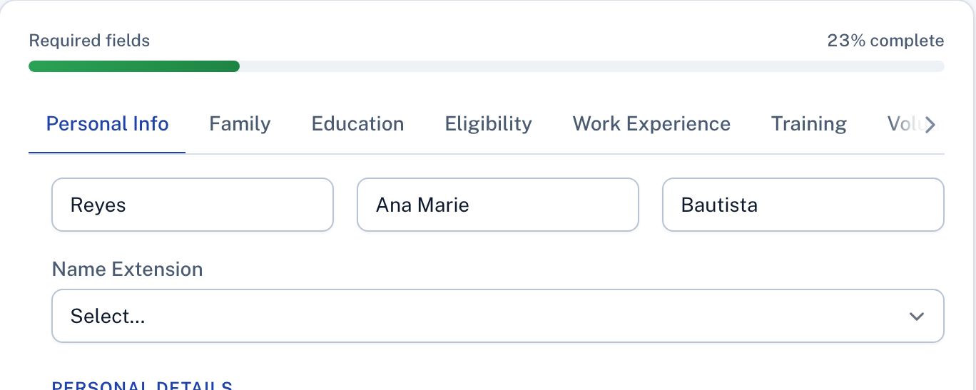 The top of the PDS questions: a green progress bar at 23% complete, and blue section tabs with Personal Info selected.