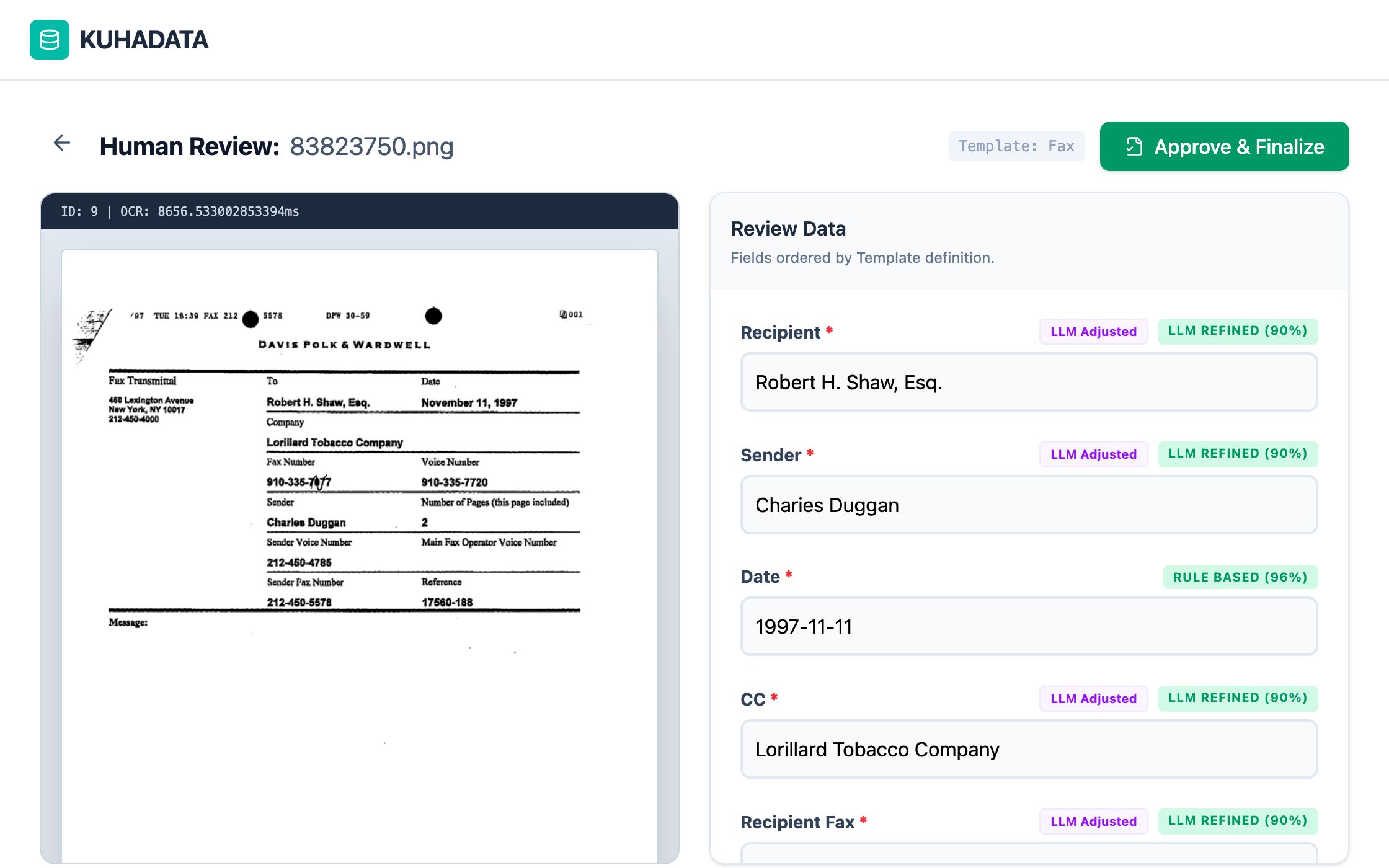 KuhaData reviewing a scanned fax cover sheet: the scan on the left, and on the right the extracted recipient, sender, date and CC, each labelled with how it was found and how sure the system is.