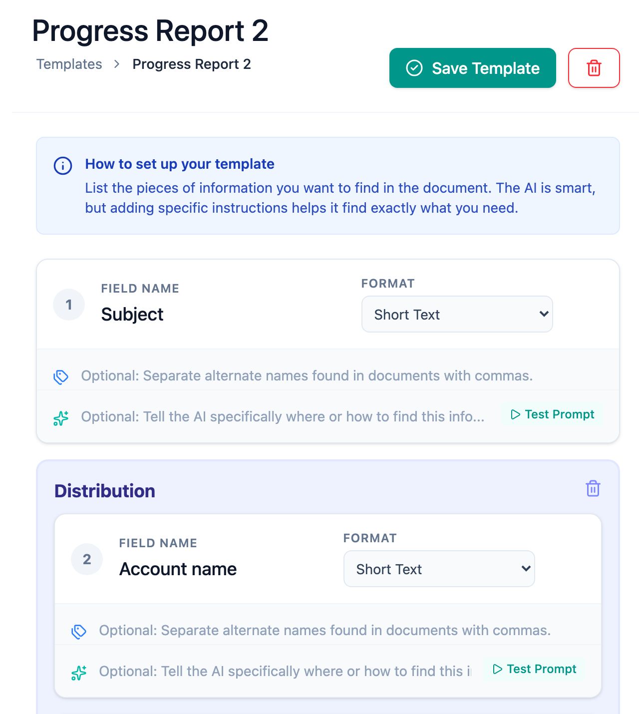 The template editor for a progress report: a Subject field set to Short Text, then a Distribution table whose first column is Account name, each with optional alternate names and a hint for the AI.