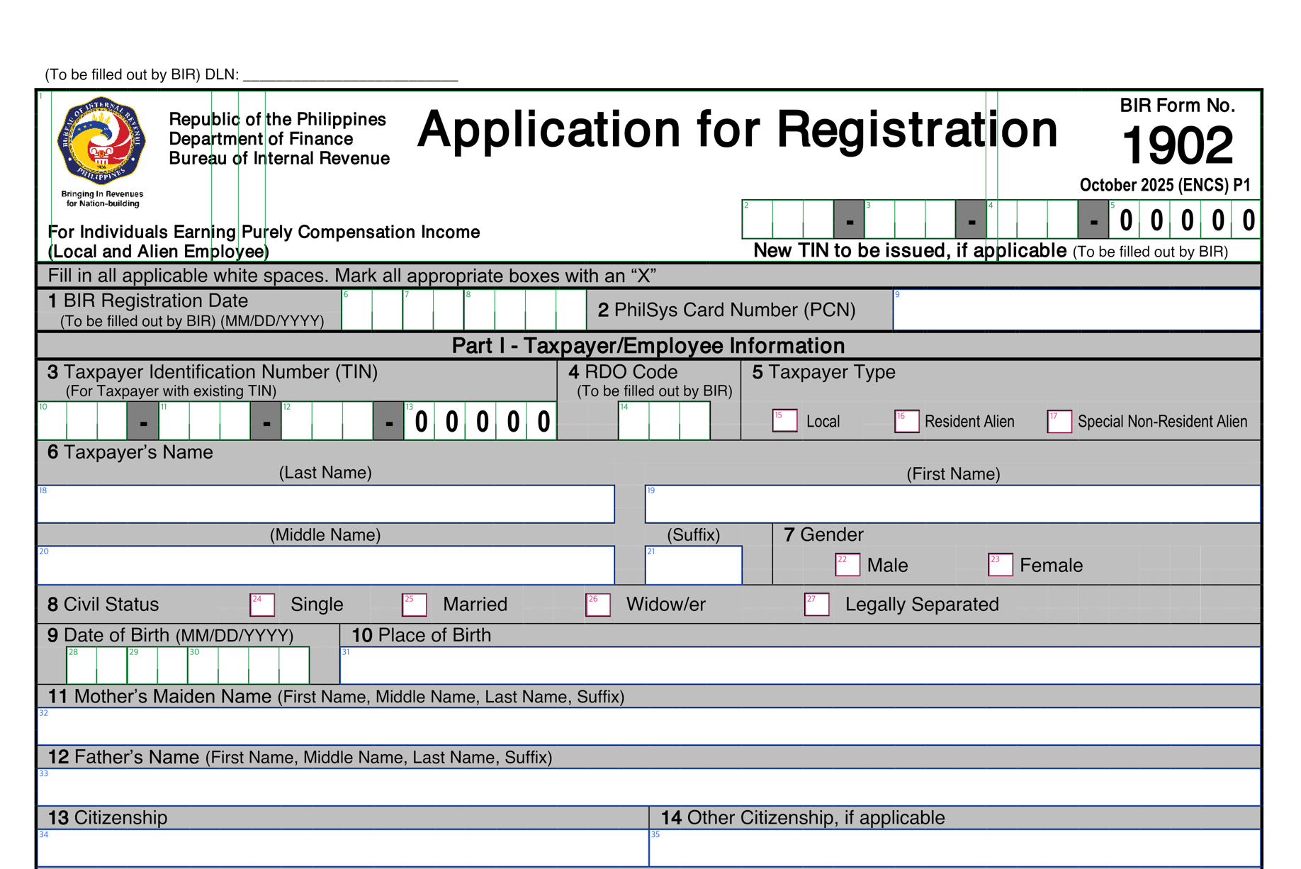 The top of BIR Form 1902 with every detected box outlined and numbered: text boxes in blue, checkboxes in pink, one-character-per-cell boxes in green.
