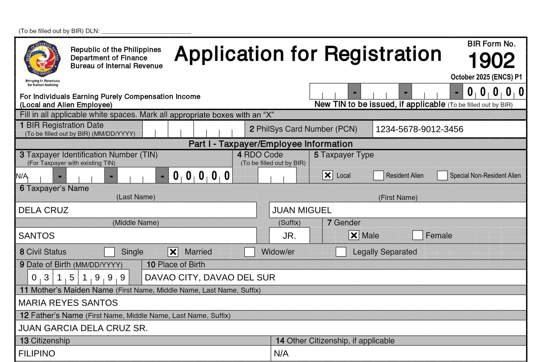 The same part of BIR Form 1902 filled in with sample answers for a fictional taxpayer, Juan Miguel Santos Dela Cruz Jr., each answer inside its box.