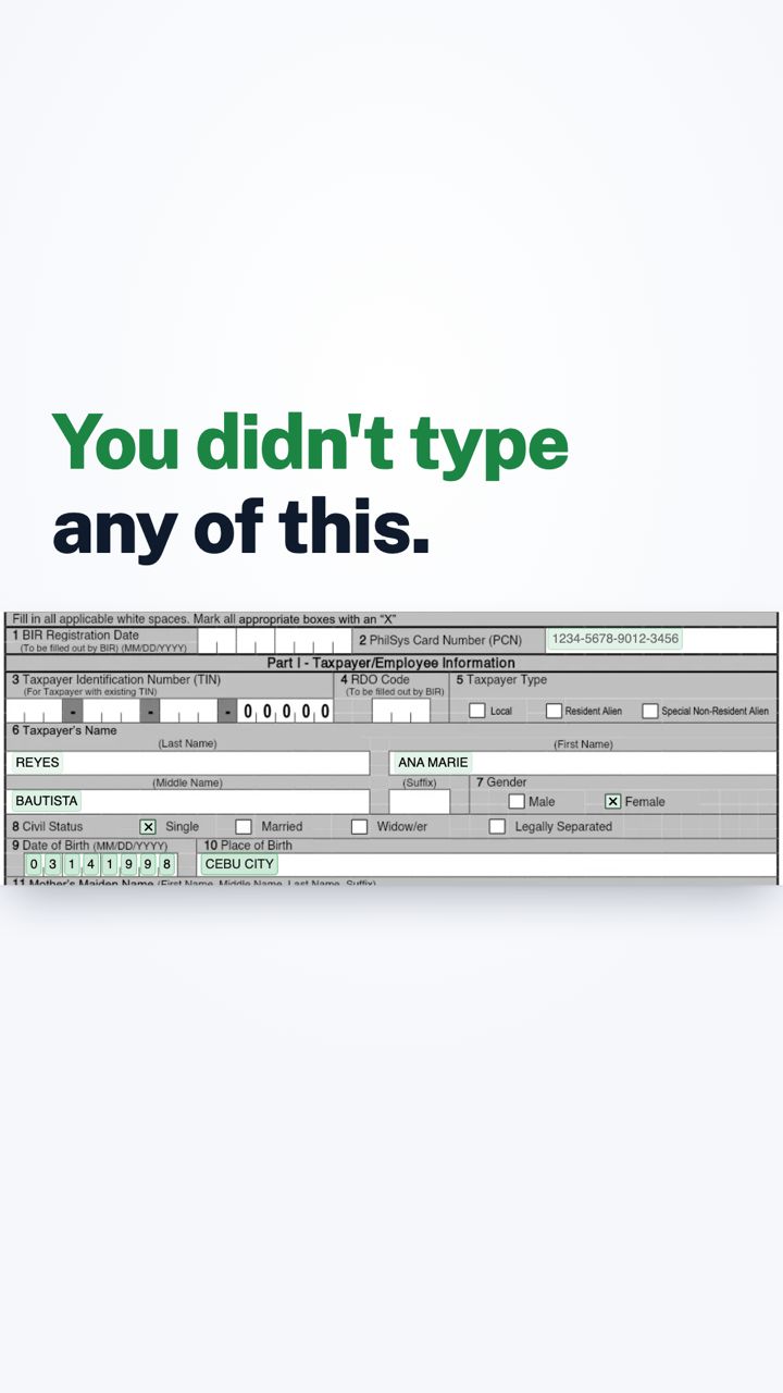 Short video cover: "You didn't type any of this." above BIR Form 1902 filled with answers from the PDS.