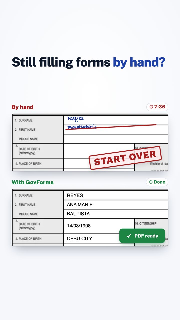 Short video cover comparing a form filled by hand with the same form filled by GovForms.