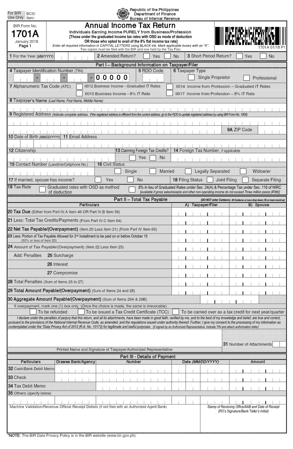 Page 1 of the blank BIR Form 1701A.