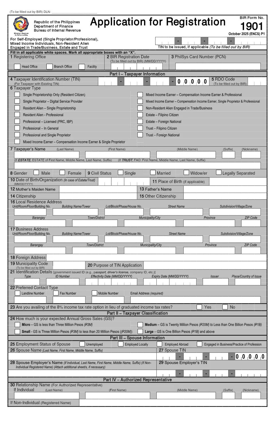 Page 1 of the blank BIR Form 1901.
