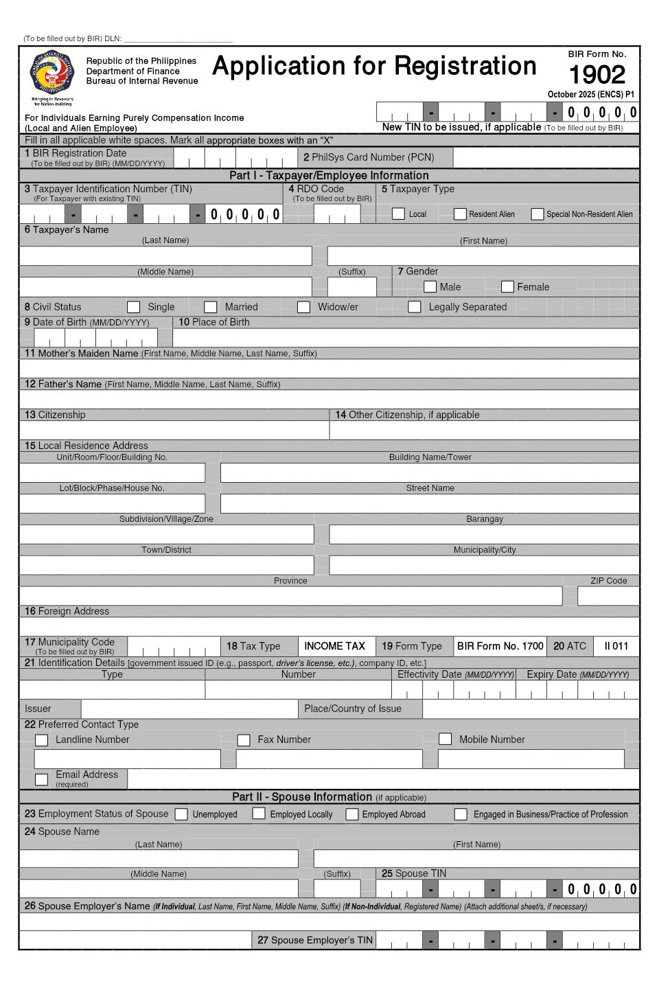 Page 1 of the blank BIR Form 1902.