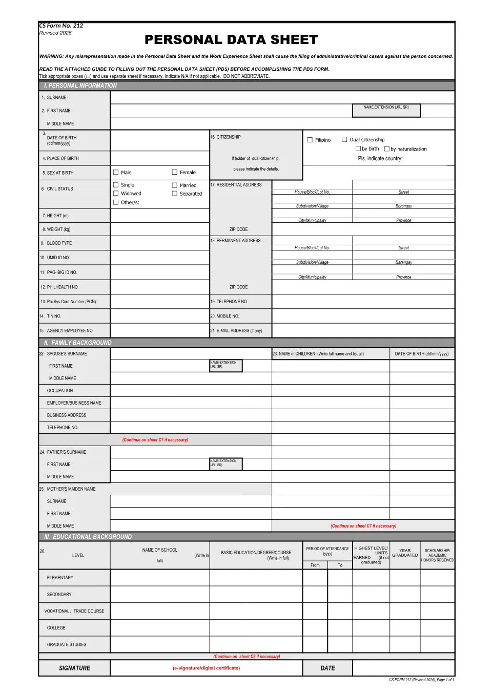 Page 1 of the blank Personal Data Sheet, CS Form 212.