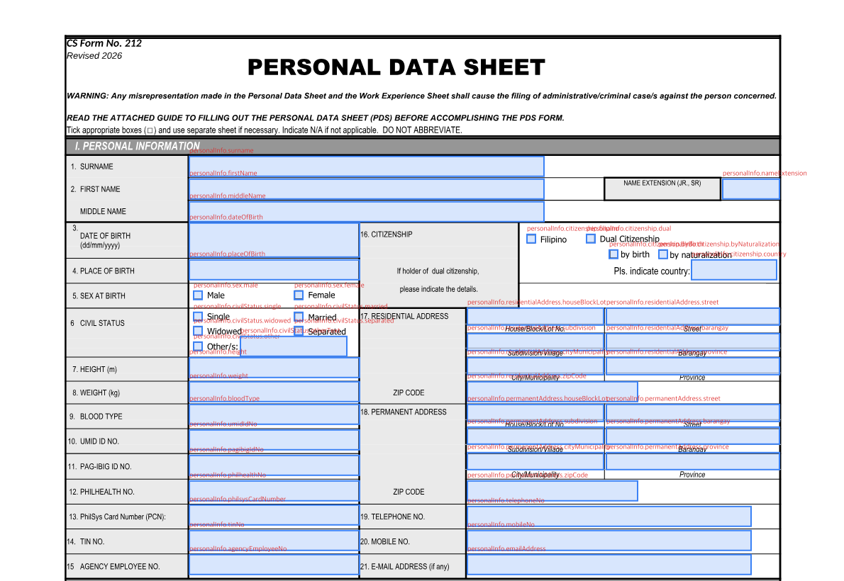 The top of the PDS with a labelled blue outline drawn over every field, used to line up each answer by hand.