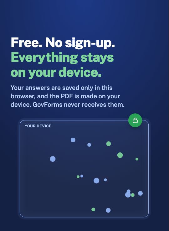 "Free. No sign-up. Everything stays on your device." above a locked box labelled Your device.