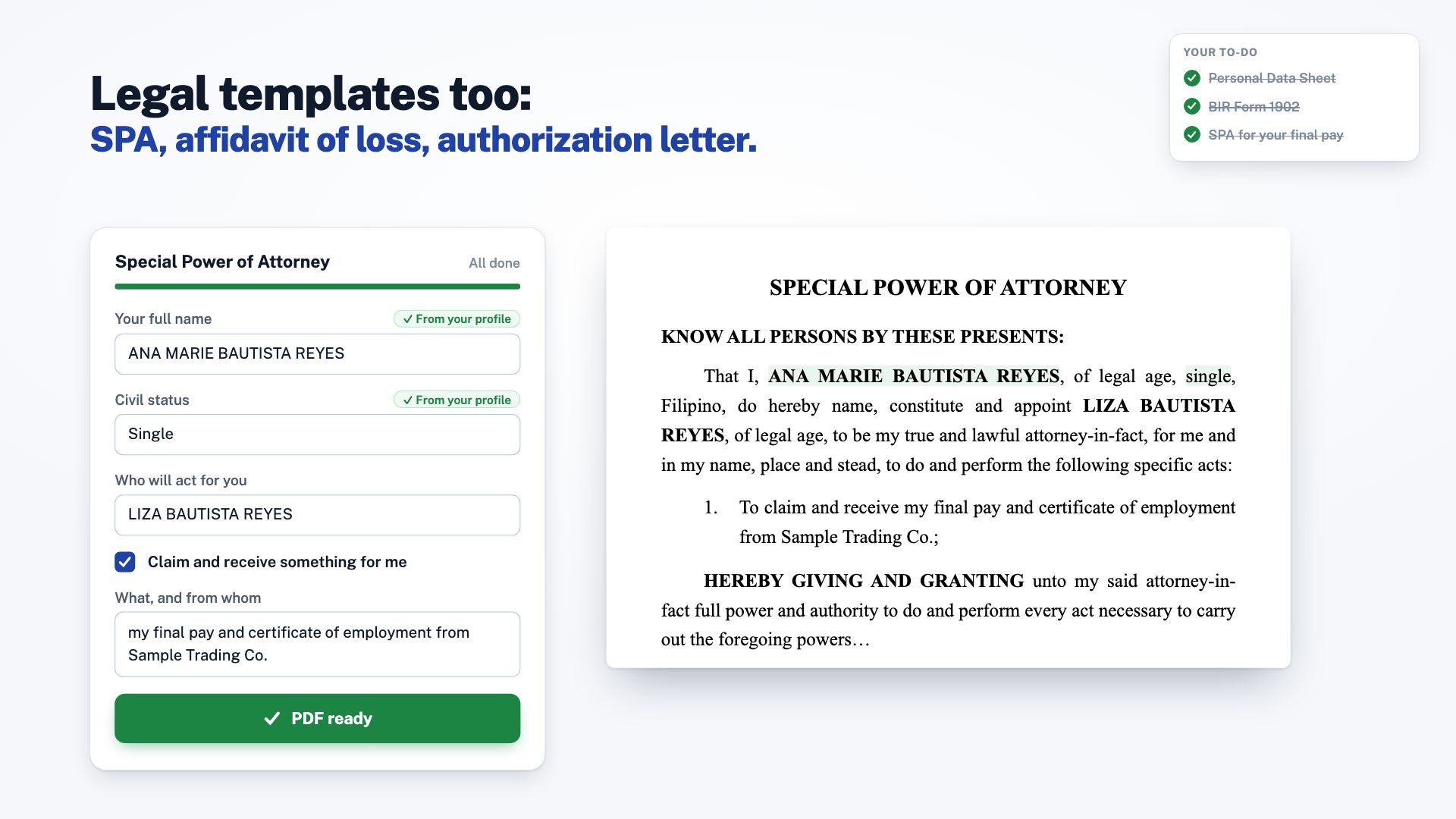 A special power of attorney in GovForms: plain questions on the left, and the typeset legal document on the right with the answers highlighted.